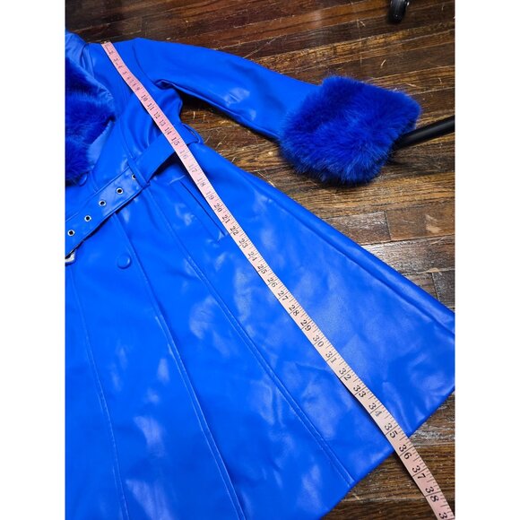 Y2K Does 70s Bright Blue Faux Leather Penny Lane Coat Belted - Picture 15 of 16
